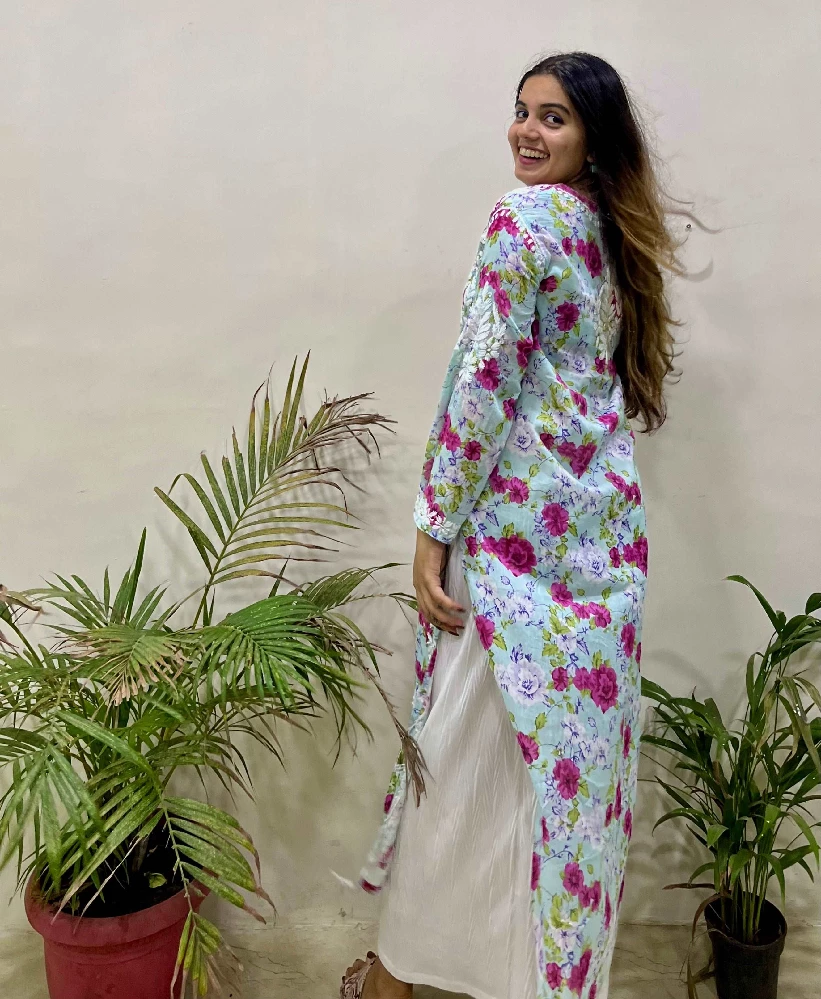 Flowery Blue Cotton Kurti with White Chikankari Embroidery-2.webp